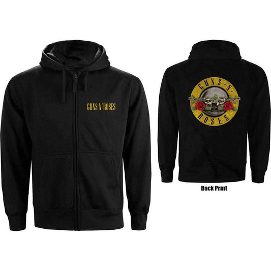 Guns N' Roses Unisex Zipped Hoodie: Classic Logo (Black) (Back Print)
