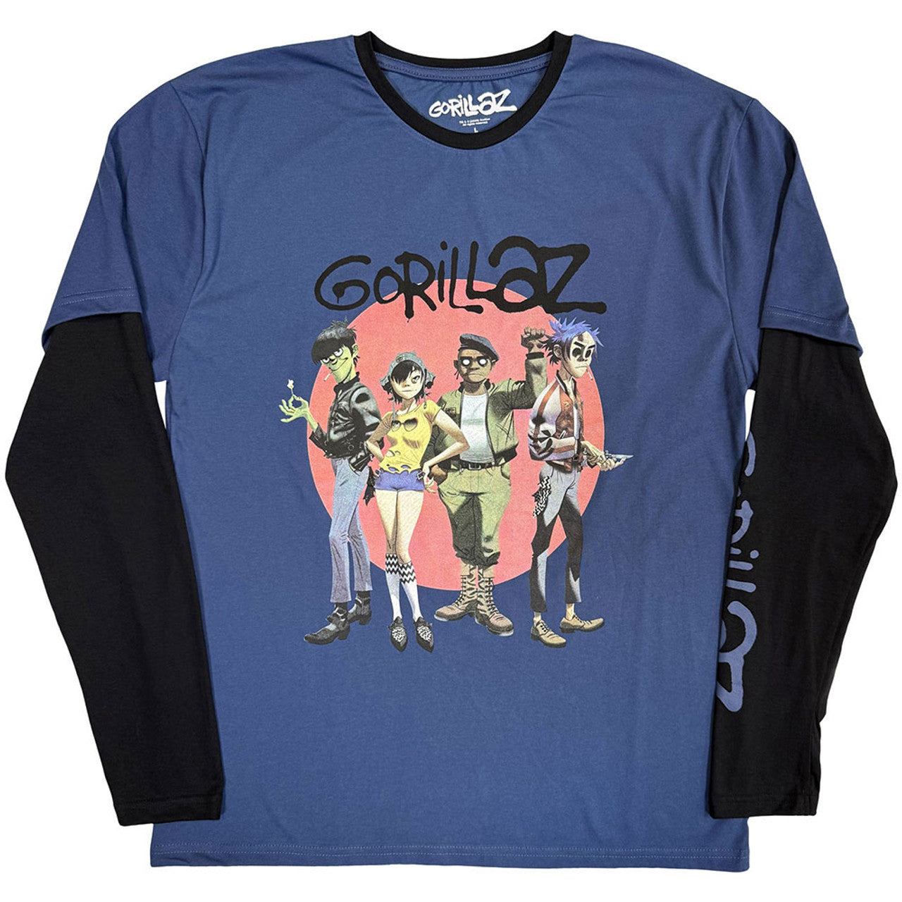 Gorillaz Unisex Layered Long Sleeve T-Shirt: Group Circle Rise (Denim Blue & Black) (Sleeve Print