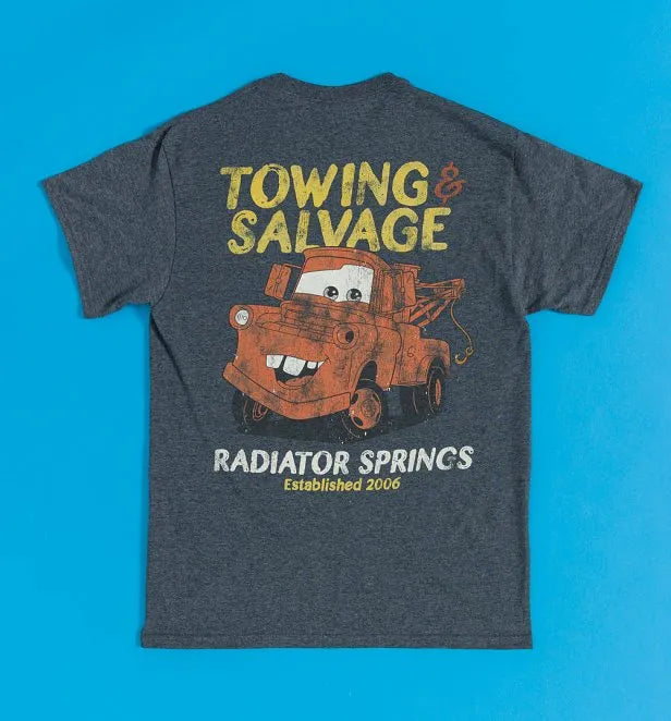 Disney Cars Tow Mater Towing And Salvage Charcoal Marl T-Shirt with Back Print