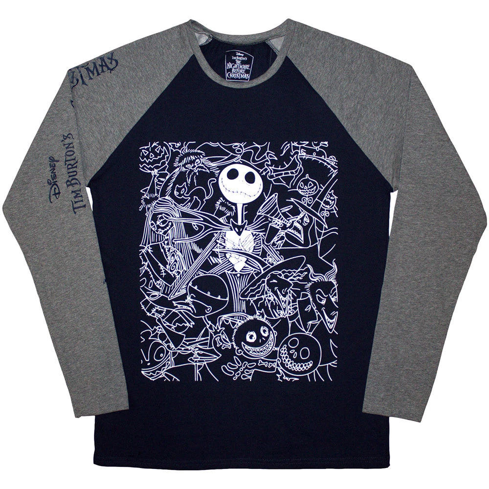 The Nightmare Before Christmas Unisex Raglan T-Shirt: Jack Crowd (Navy Blue & Grey) (Embellished)