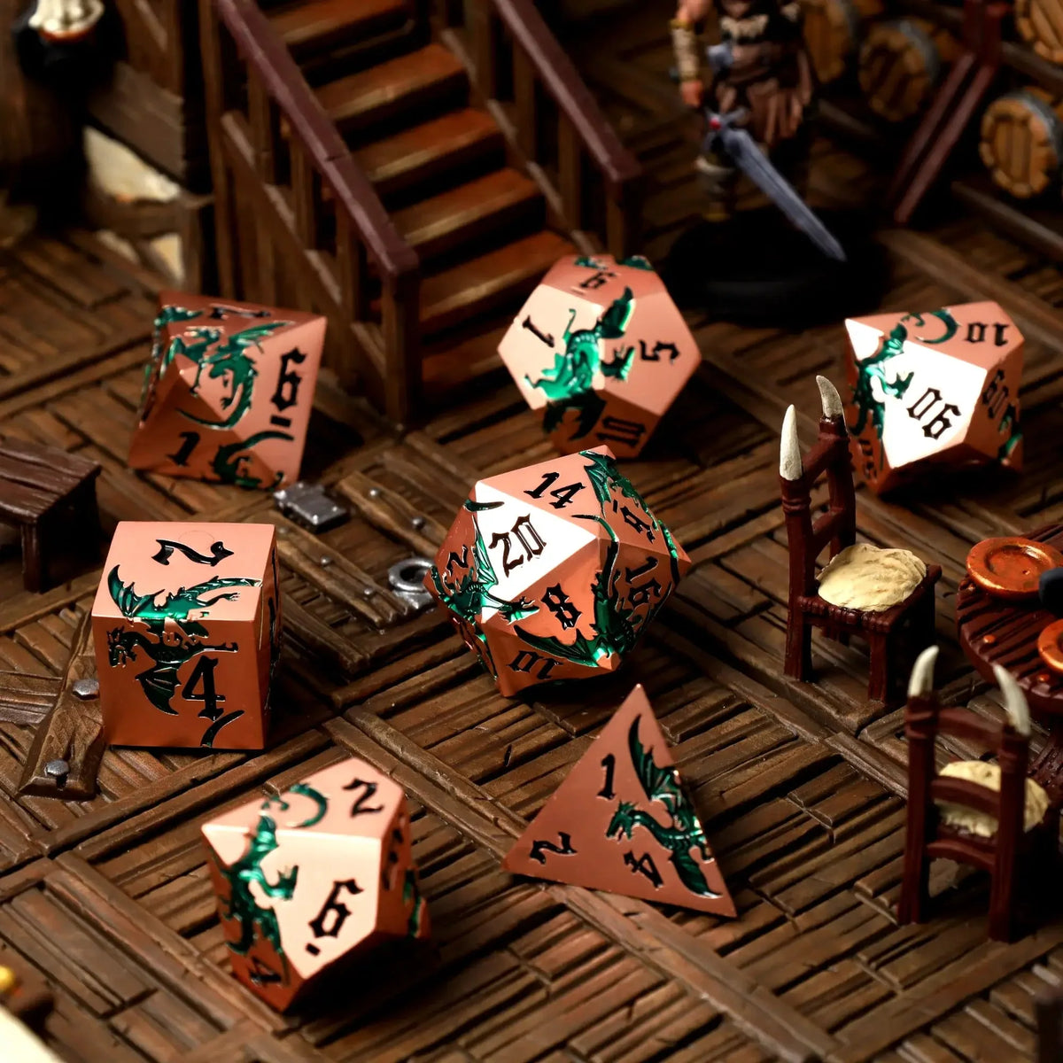 Viridian Flame Metal RPG Dice Set