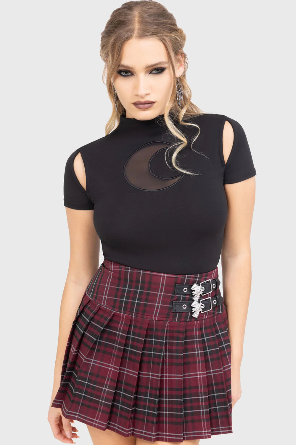 Killstar - Bat Girl Skirt [BURGUNDY TARTAN]