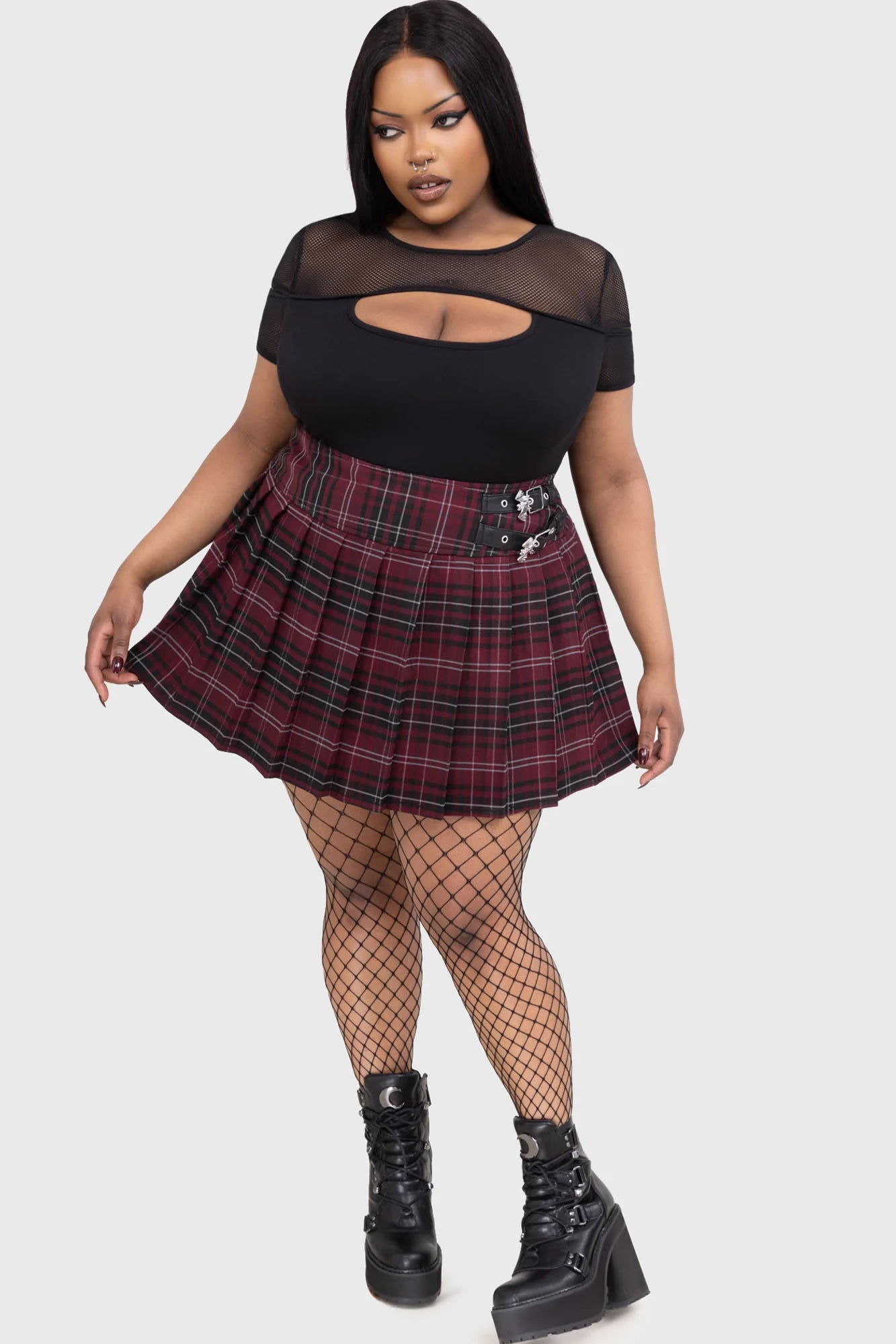 Killstar - Bat Girl Skirt [BURGUNDY TARTAN]