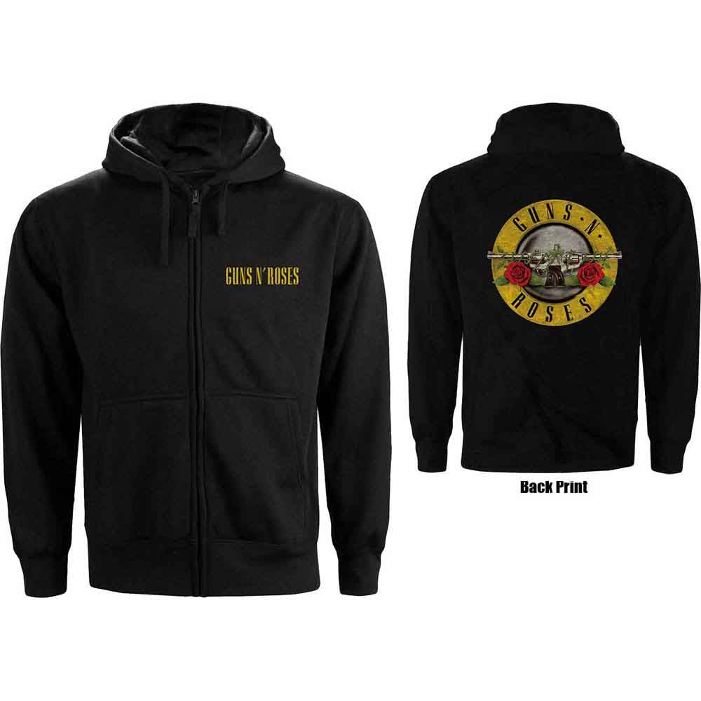 Guns N' Roses Unisex Zipped Hoodie: Classic Logo (Black) (Back Print)