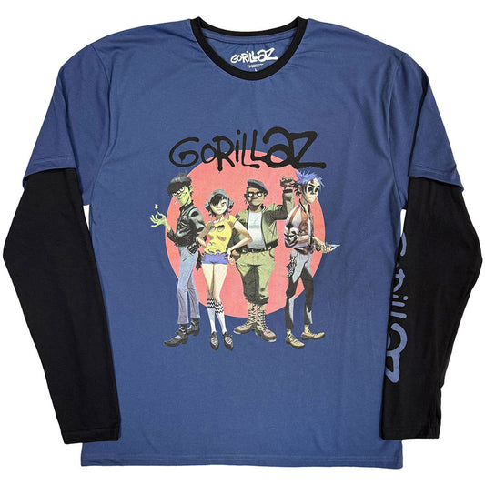 Gorillaz Unisex Layered Long Sleeve T-Shirt: Group Circle Rise (Denim Blue & Black) (Sleeve Print