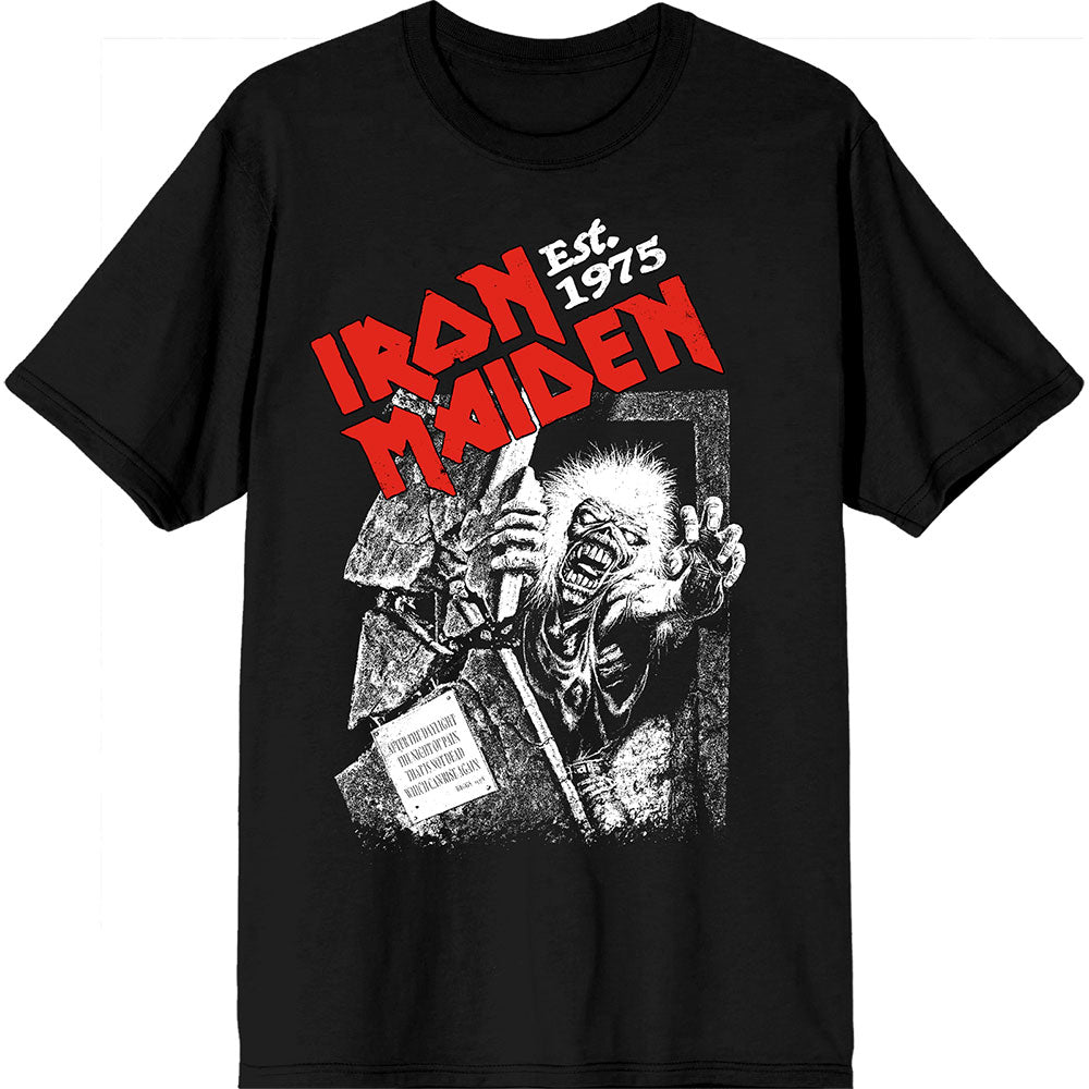 Iron Maiden Unisex T-Shirt: Est. 1975 No Prayer Grave Red Logo