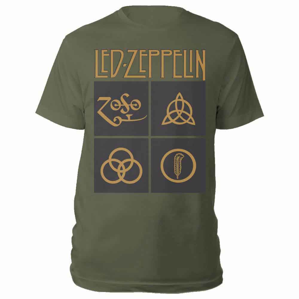 LED ZEPPELIN UNISEX T-SHIRT: GOLD SYMBOLS IN BLACK SQUARE