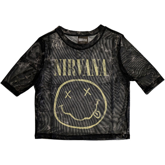 Nirvana Ladies Mesh Crop Top: Yellow Happy Face (Black)
