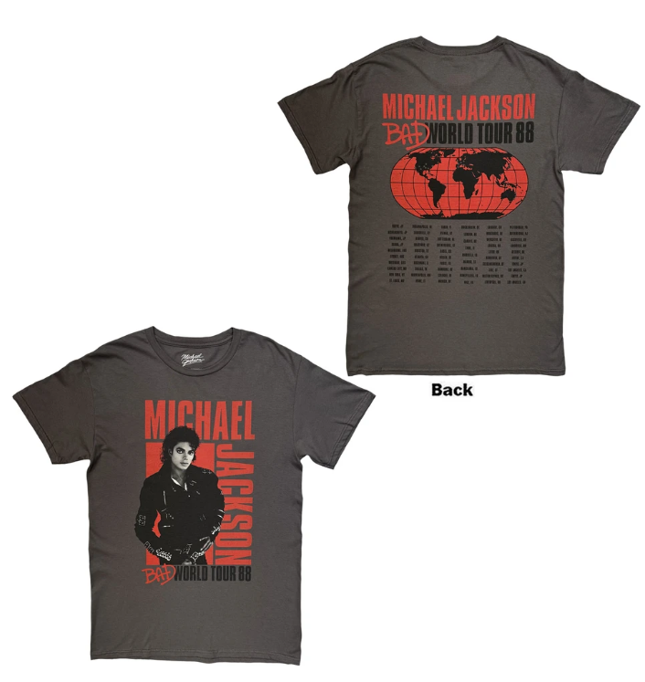 Michael Jackson Unisex T-Shirt: Bad World Tour '88 (Charcoal Grey) (Back Print)
