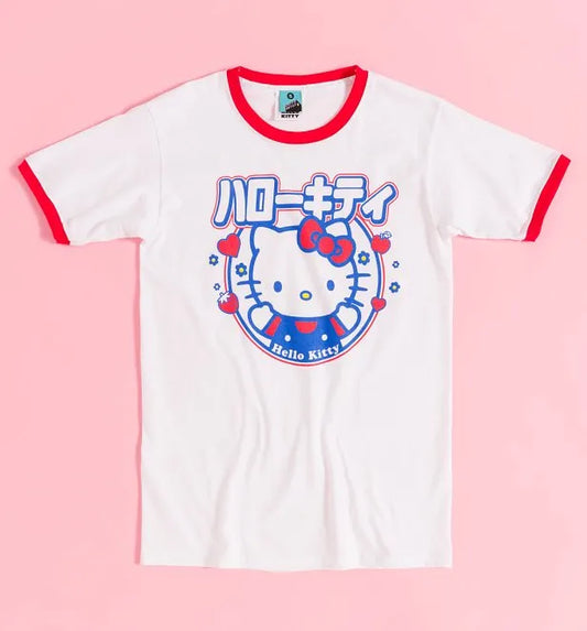 Hello Kitty Retro Japanese White And Red Ringer T-Shirt