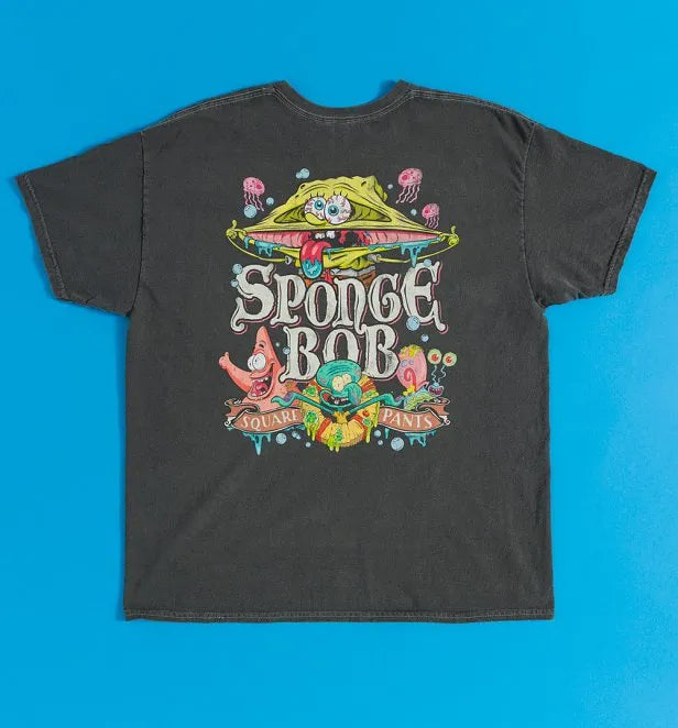 SpongeBob SquarePants Gruesome Gang Vintage Wash Charcoal T-Shirt with Back Print