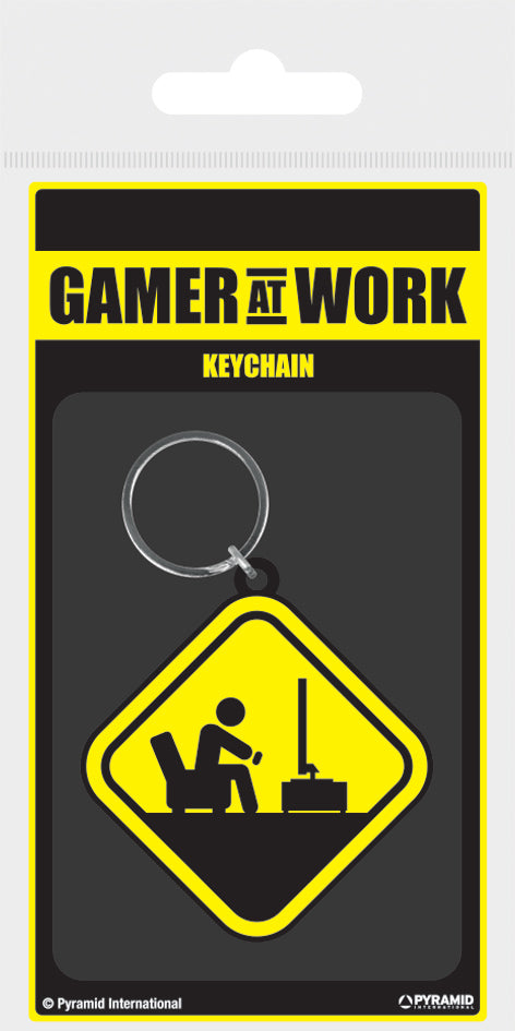 GAMER AT WORK (CAUTION SIGN) RUBBER KEYCHAIN